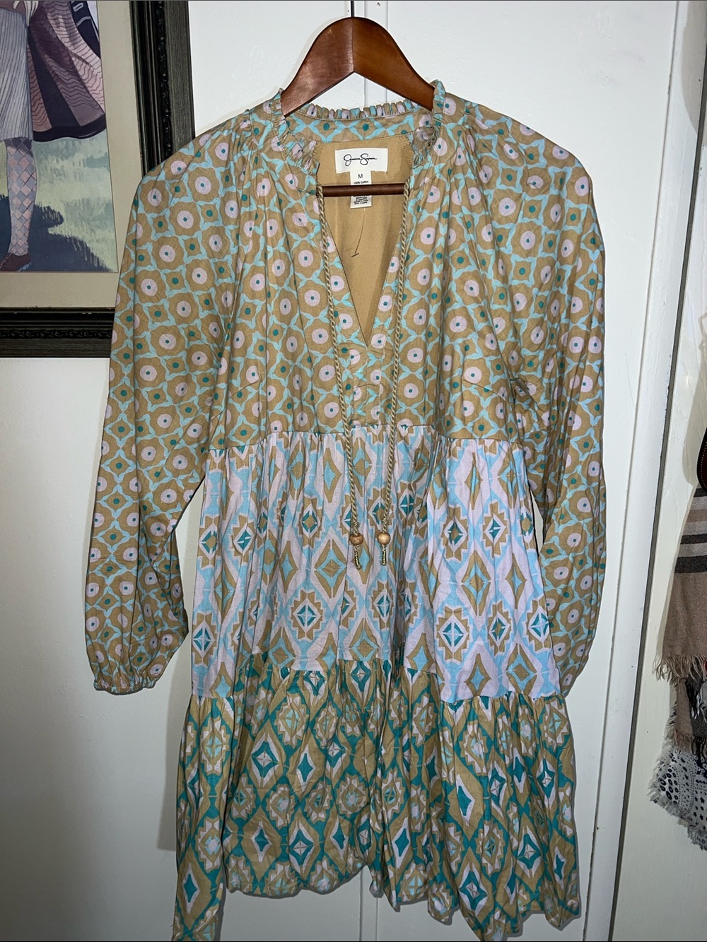 Jessica Simpson Tiered Cotton Tunic o- Teal, Tan & Pink